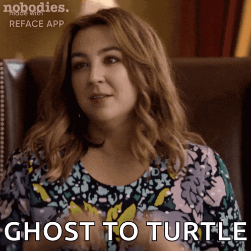 a woman sitting in a chair with the words ghost to turtle written on the bottom