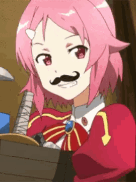 a cartoon girl with pink hair and a mustache