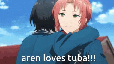 a couple of anime characters hugging with the words aren loves tuba