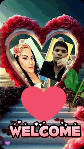 a picture of a man and a woman in a heart shaped frame with the words welcome below it