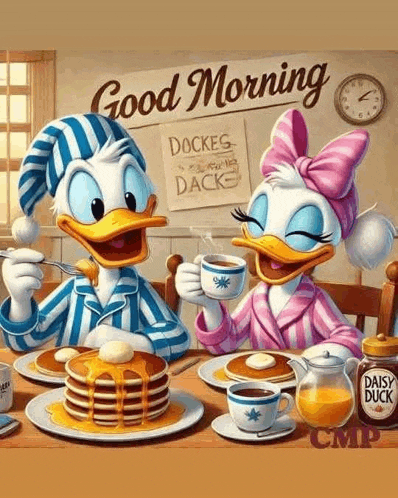 donald and daisy duck are sitting at a table eating pancakes and drinking coffee .