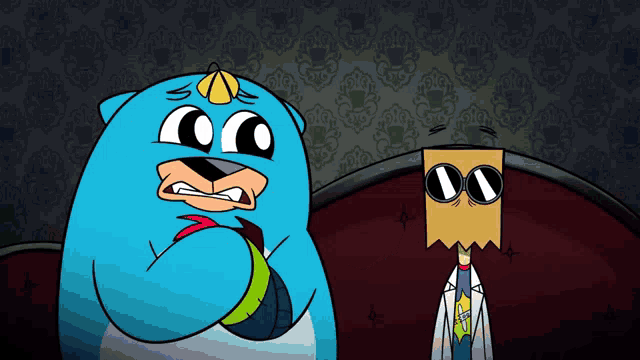 a cartoon character with a paper bag on his head is talking to another cartoon character