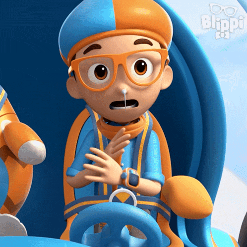 a cartoon character named blippi is sitting in a blue vehicle