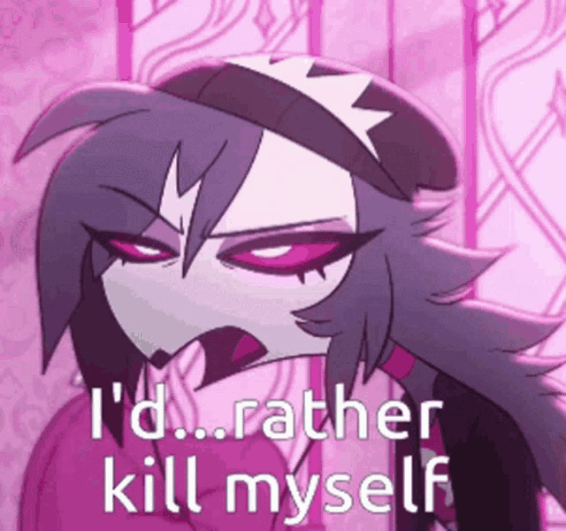 a cartoon character is saying `` i 'd rather kill myself '' in front of a pink background .