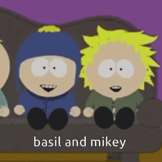 basil and mikey from south park sit on a couch together