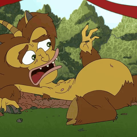 a cartoon drawing of a monster with horns laying on the ground