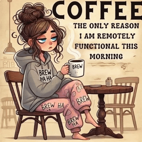a cartoon of a woman sitting at a table with a cup of coffee and a quote about coffee