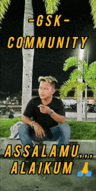 a man is sitting in front of a palm tree with the words community gsk written above him