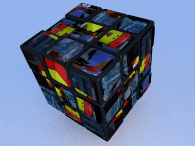 a rubik 's cube with a blue background and a yellow square that says vv on it