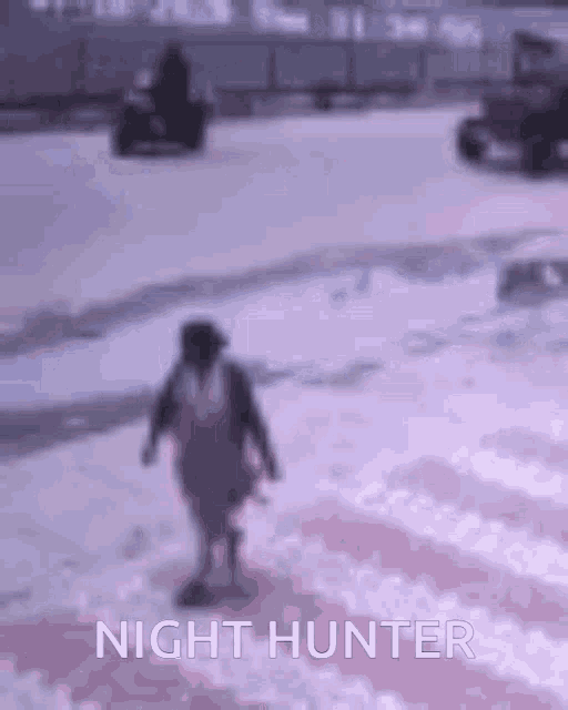 a blurred image of a person walking in the snow with the words night hunter below them .