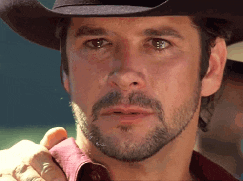 a man with a beard wearing a cowboy hat and a red shirt