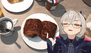 a girl with glasses is pointing to a plate of food