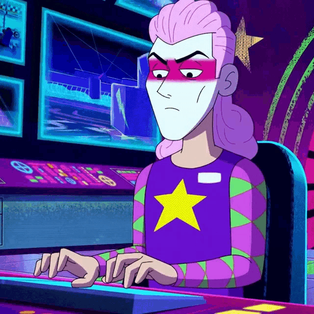 a cartoon character with pink hair and a yellow star on his chest