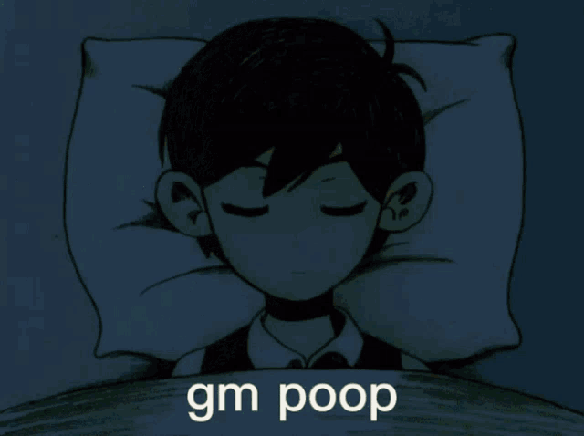 a cartoon of a boy sleeping with the words " gm poop " above him