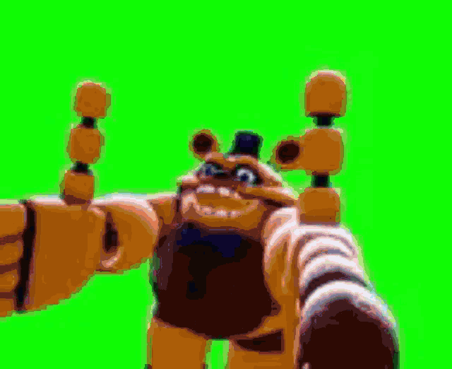 a cartoon of a teddy bear standing on a bed on a green screen