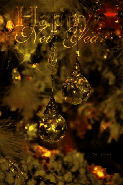 a happy new year greeting card with a christmas tree