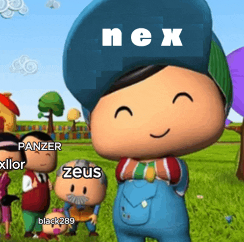a cartoon character wearing a blue hat with nex written on it