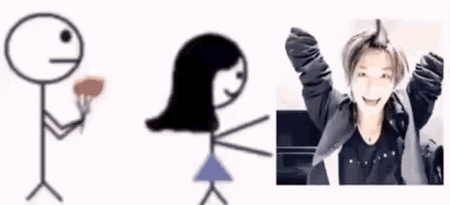 a stick figure is holding a flower next to a stick figure of a woman with a black haircut .