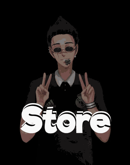 a man wearing sunglasses and a black shirt with the word store in white