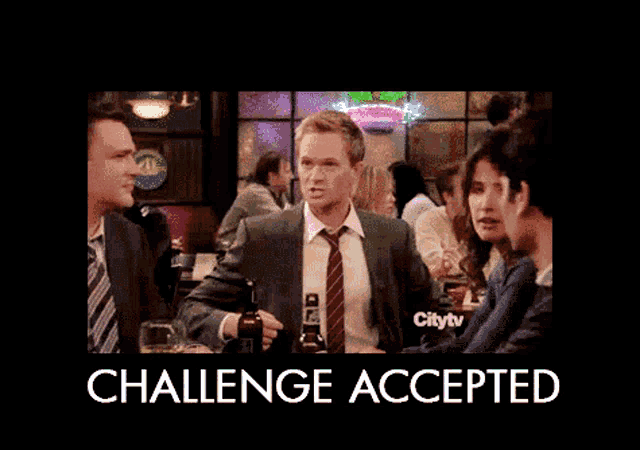 a man in a suit and tie is holding a bottle of beer in front of a sign that says " challenge accepted "