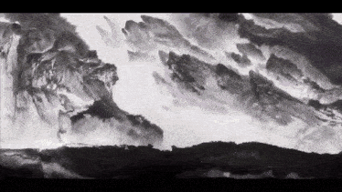 a black and white painting of mountains with clouds in the sky