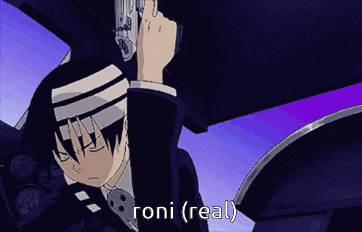 a cartoon character is holding a gun and says roni ( real ) on the bottom