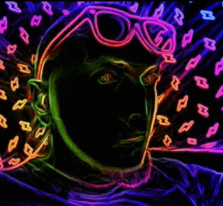 a neon drawing of a man wearing sunglasses and a beard