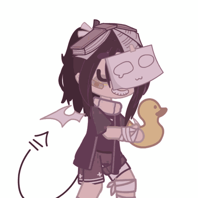 a drawing of a person holding a rubber duck and wearing a mask