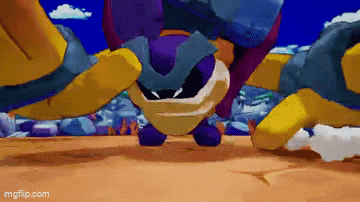a purple and yellow cartoon character is standing on top of a sandy surface .