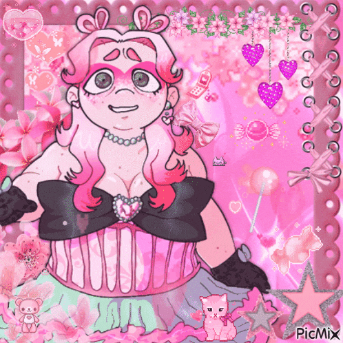 a picture of a girl with pink hair is surrounded by pink flowers