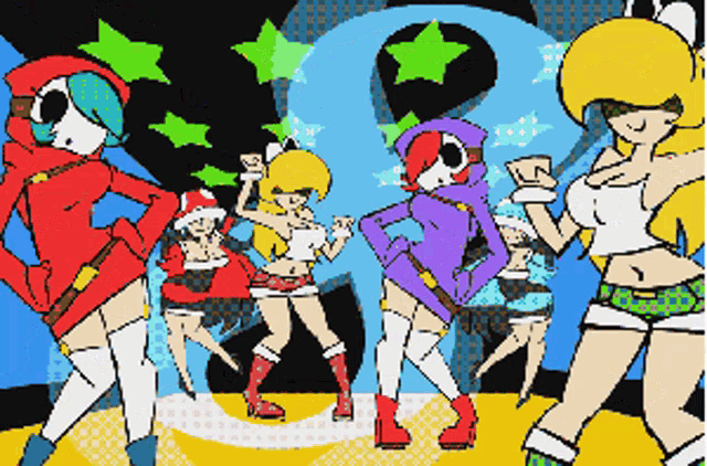 a group of cartoon characters are dancing in front of a large o