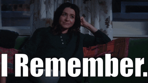 a woman sits on a couch with the words " i remember " above her