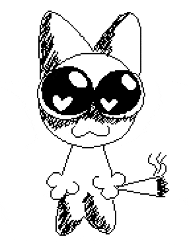 a black and white drawing of a cat with big eyes holding a cigarette .