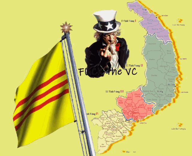 a map of vietnam with uncle sam pointing at it and the words fuck the vc on the bottom