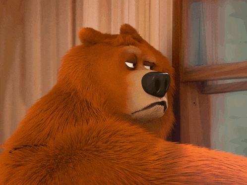 a cartoon bear looking out a window with a serious look on his face