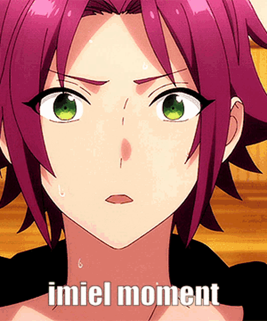 a close up of a girl 's face with the words " imiel moment " above her