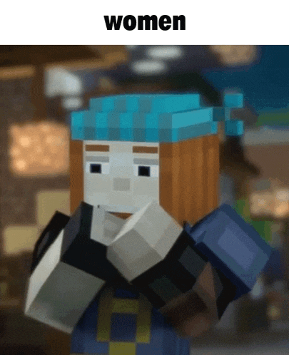 a minecraft character wearing a blue hat with the word women underneath it