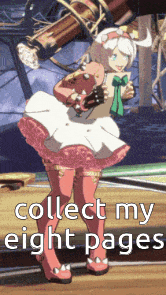 a girl in a pink and white dress with the words collect my eight pages on the bottom