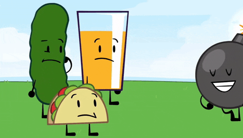 a taco , pickle , glass of orange juice , and bomb are standing in a field .