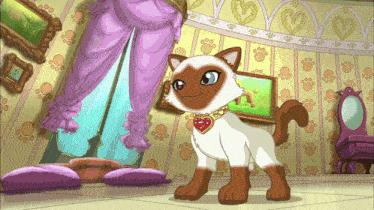 a cartoon cat wearing a heart shaped necklace stands in a room