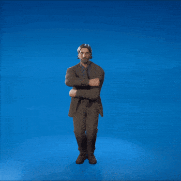 a man in a suit is dancing on a blue surface