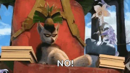 a cartoon cat is sitting in a chair with a stack of books and says `` no '' .