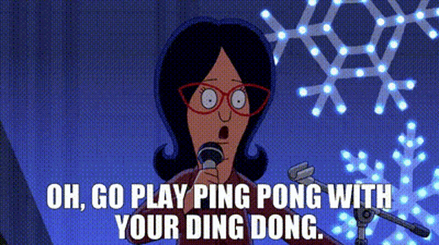 a cartoon woman is singing into a microphone while holding a microphone .
