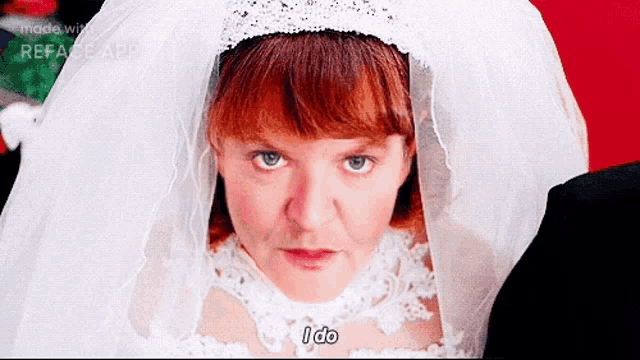 a woman in a wedding dress and veil says i do .