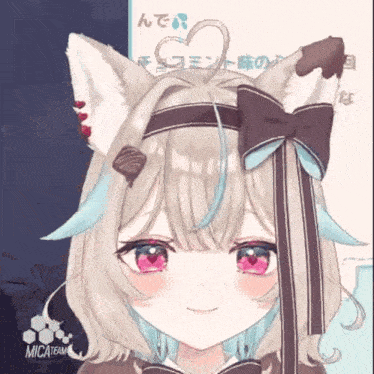 a close up of a anime girl with cat ears and a bow on her head