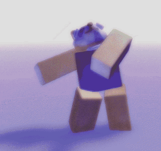 a purple robot with a blue hat and a purple shirt