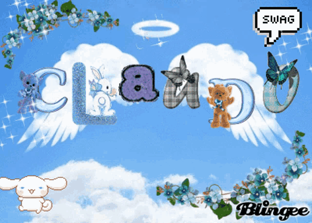 a swag speech bubble is surrounded by flowers and clouds