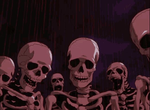 a group of skeletons are standing in a dark room