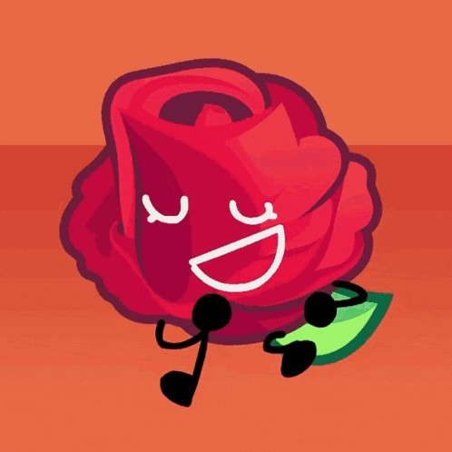 a cartoon drawing of a red rose with a sad face and a green leaf