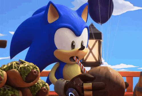 sonic the hedgehog drinking from a straw with a lantern and a balloon in the background